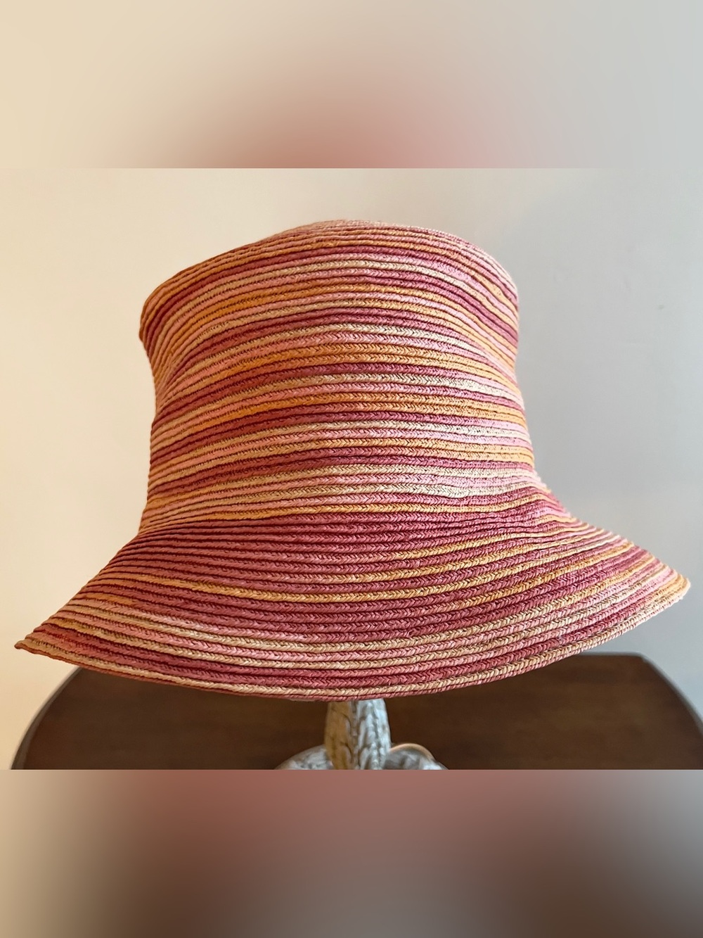 Vintage Charter Club Pink & Orange Ombre Woven Straw Cloche Bucket Hat
